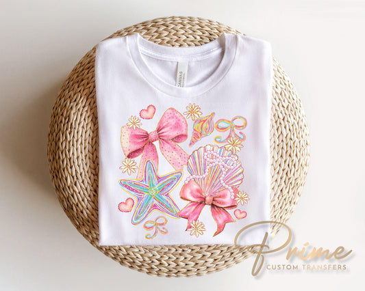 Coquette Pink Seashells DTF Transfer, Summer Beach T-Shirt Design