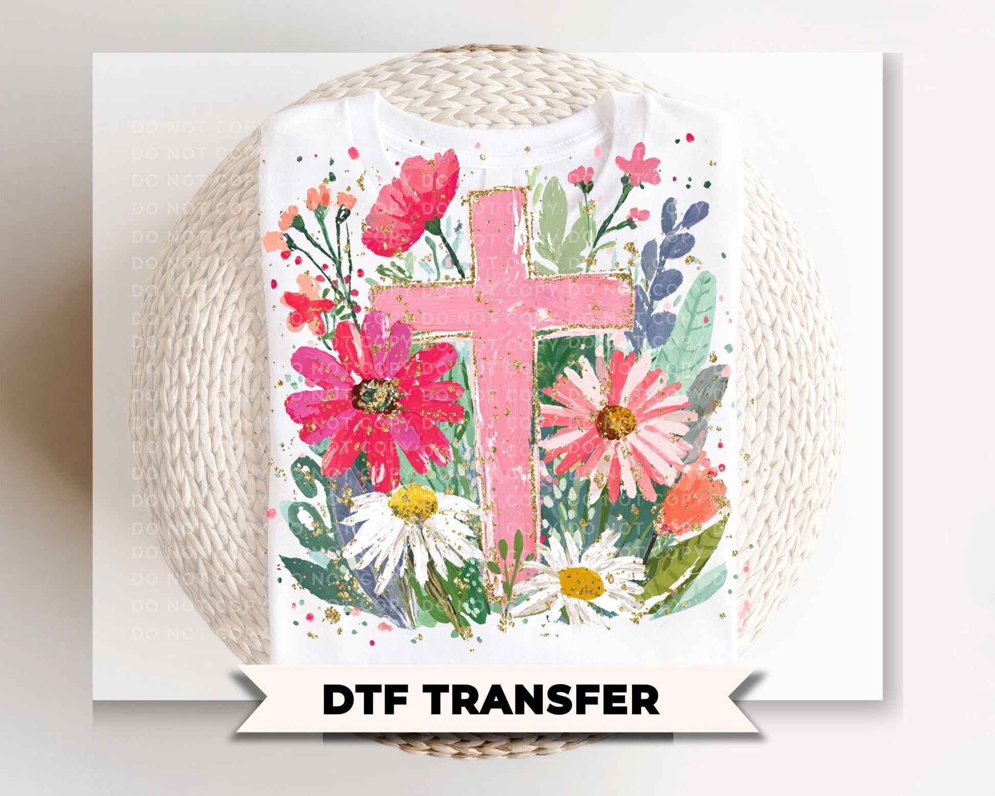 Floral Cross DTF Transfer, Ready to Press, Christian Easter T-shirt Design