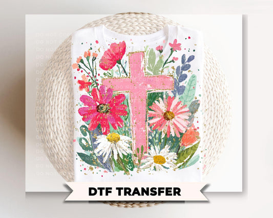 Floral Cross DTF Transfer, Ready to Press, Christian Easter T-shirt Design