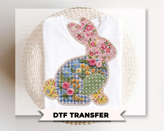 Floral Patchwork Easter Bunny DTF Transfer | Cottage Core Tshirt Design