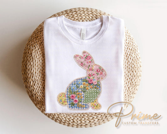Floral Patchwork Easter Bunny DTF Transfer | Cottage Core Tshirt Design