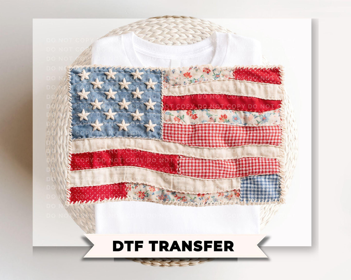 Faux Patchwork Flag DTF Transfer, Ready to Press, 4th of July Tshirt Design
