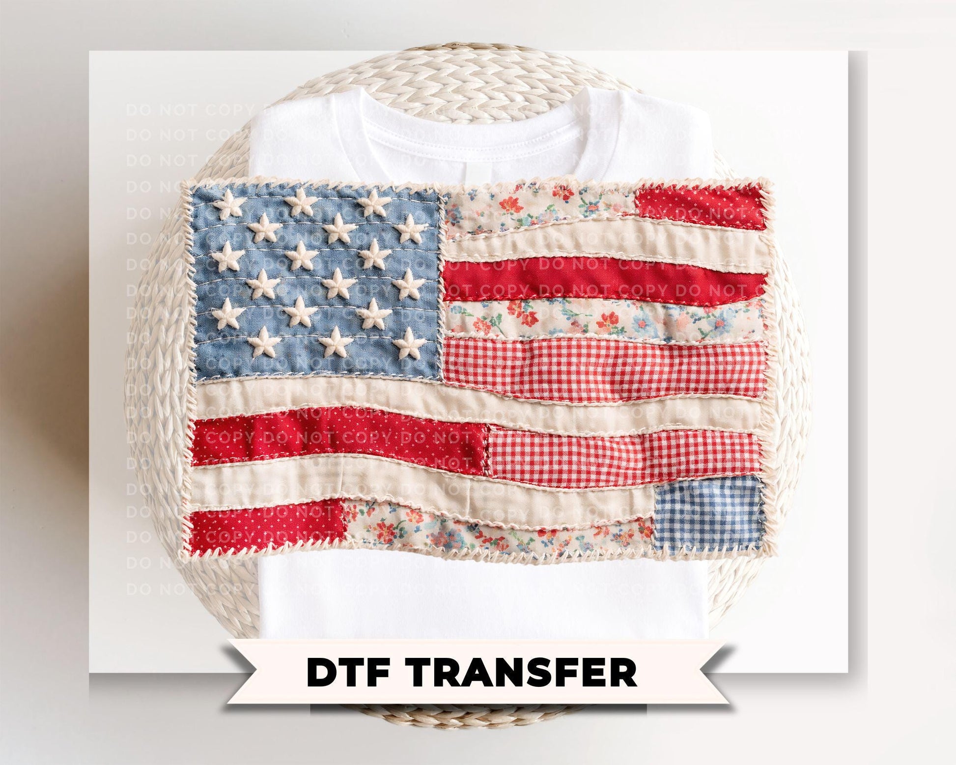 Faux Patchwork Flag DTF Transfer, Ready to Press, 4th of July Tshirt Design