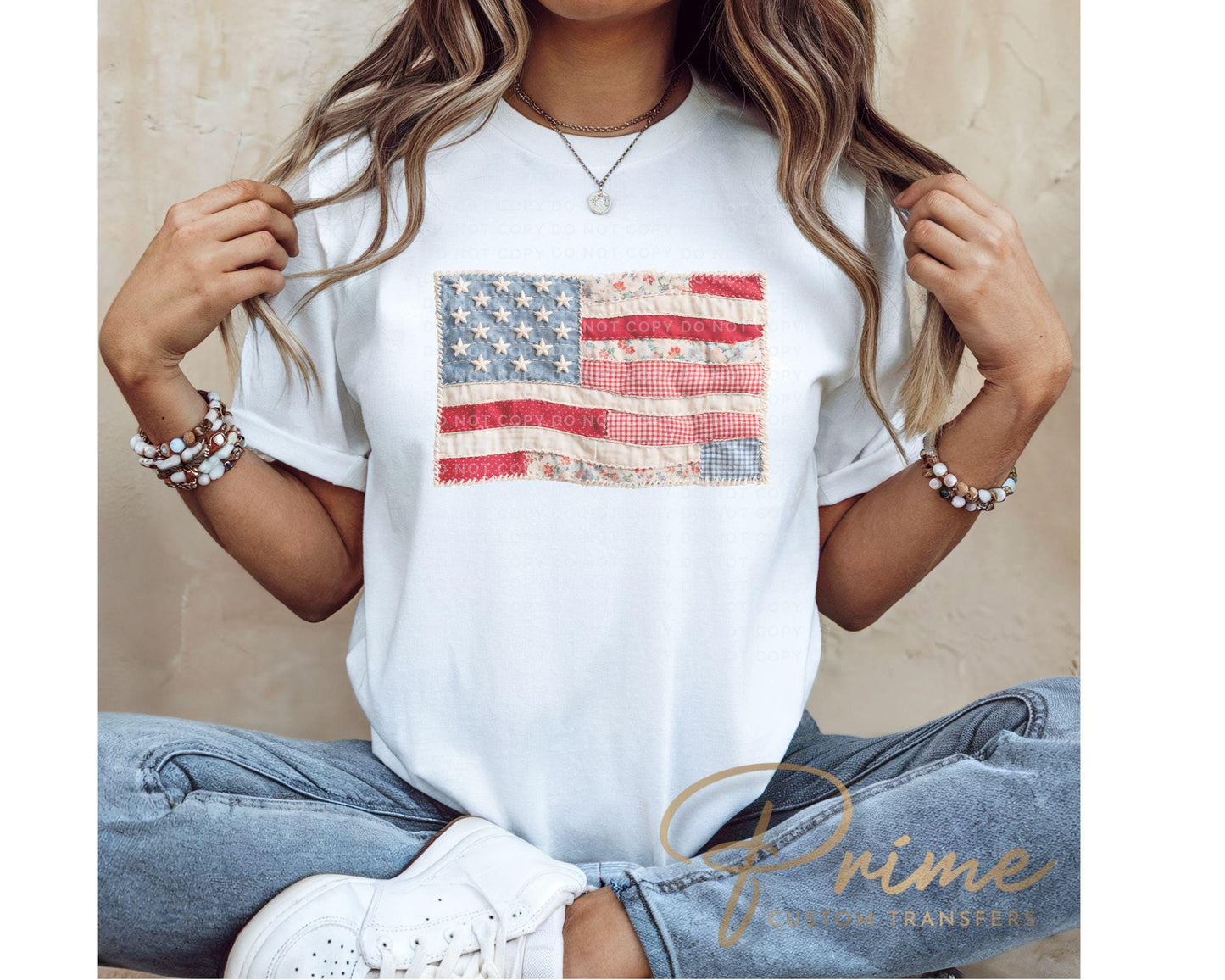 Faux Patchwork Flag DTF Transfer, Ready to Press, 4th of July Tshirt Design