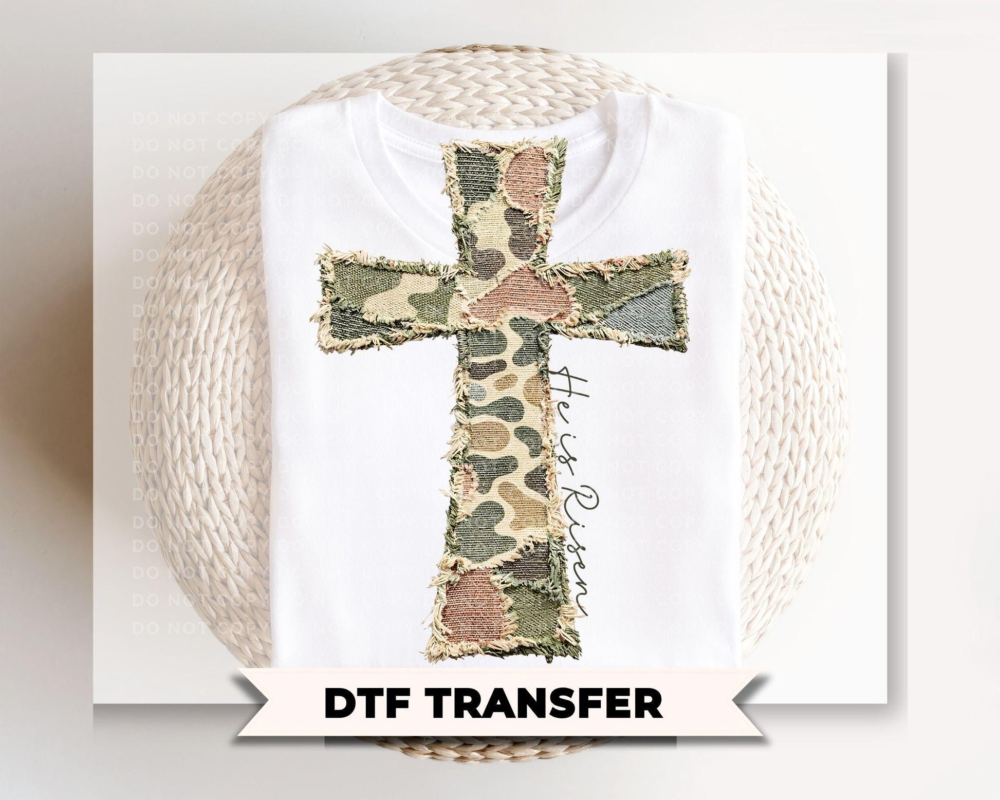 Patchwork Camo Cross DTF Transfer, He is Risen Easter T-shirt Design