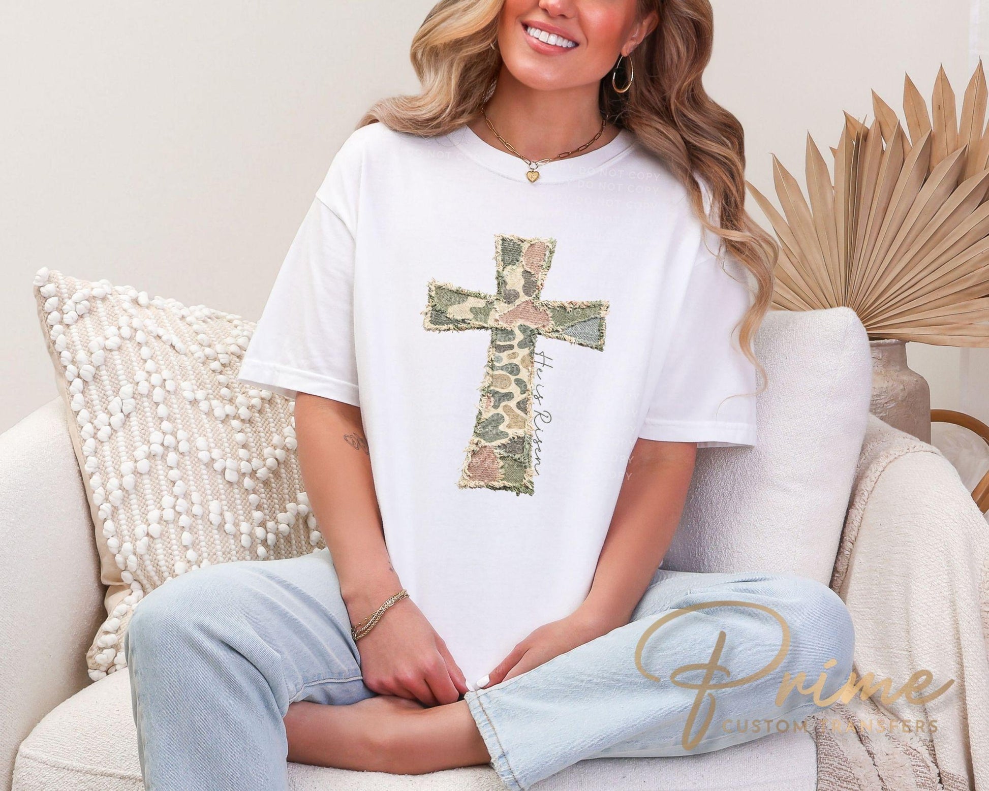 Patchwork Camo Cross DTF Transfer, He is Risen Easter T-shirt Design