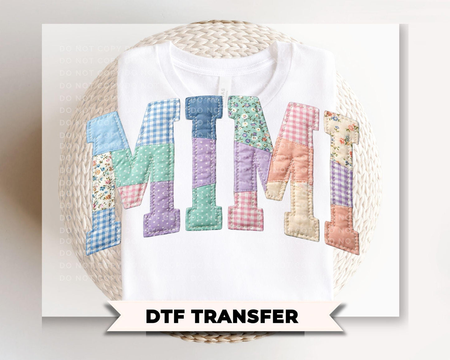 Patchwork Quilted Mimi DTF Transfer, Ready to Press Cottagecore Tshirt Design