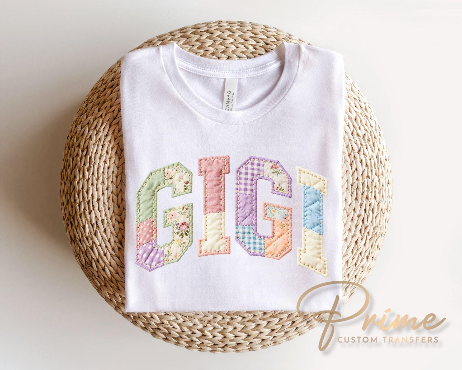 Patchwork Quilted Gigi DTF Transfer, Ready to Press Cottagecore Tshirt Design