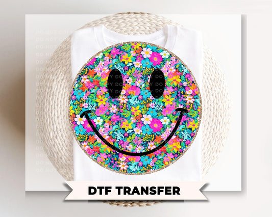 Neon Floral Smiley Face DTF Transfer, Spring Tshirt Design