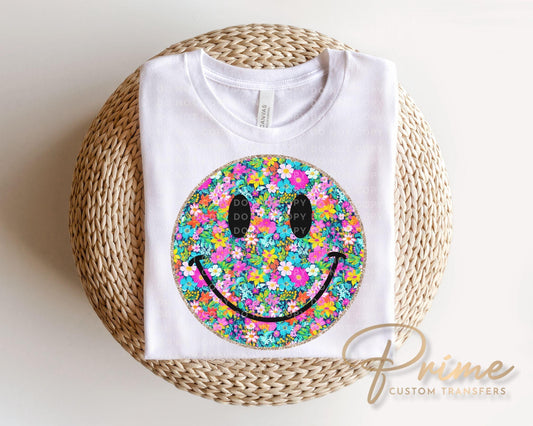 Neon Floral Smiley Face DTF Transfer, Spring Tshirt Design