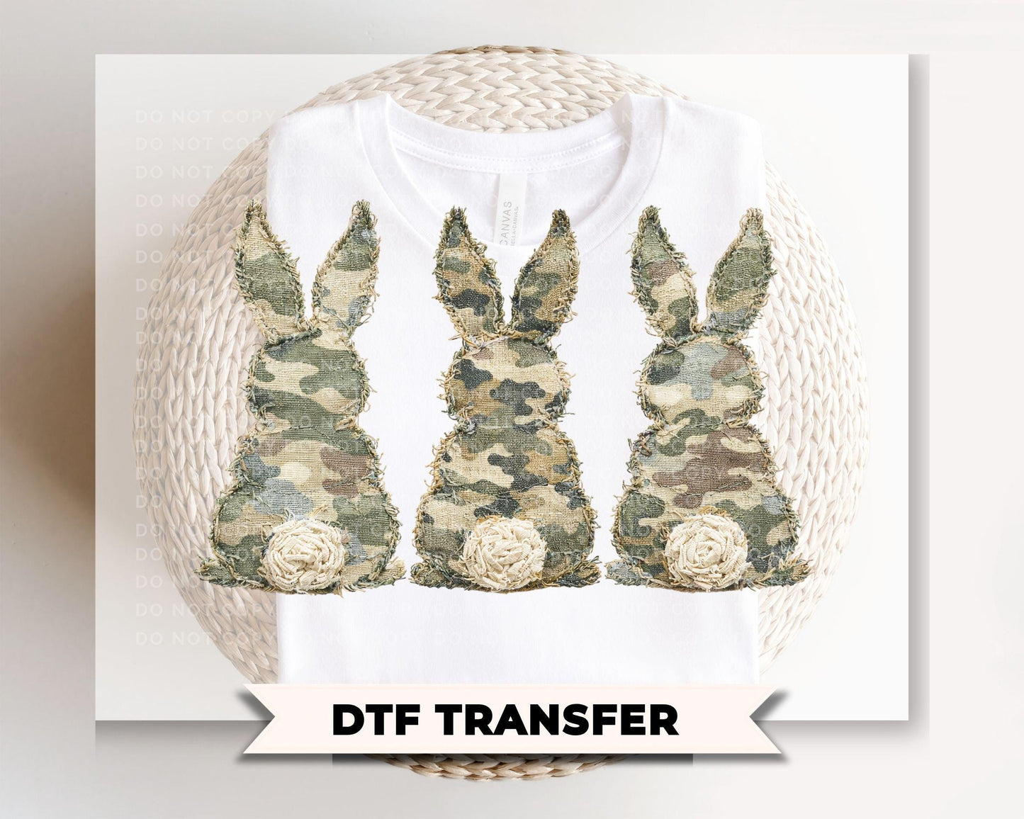 Faux Patchwork Camo Bunnies DTF Transfer, Easter T-shirt Design