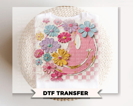 Retro Floral Smiley Face DTF Transfer, Spring Tshirt Design