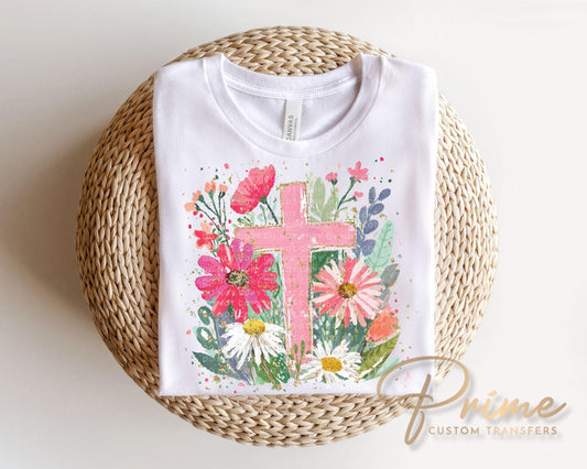 Floral Cross DTF Transfer, Ready to Press, Christian Easter T-shirt Design