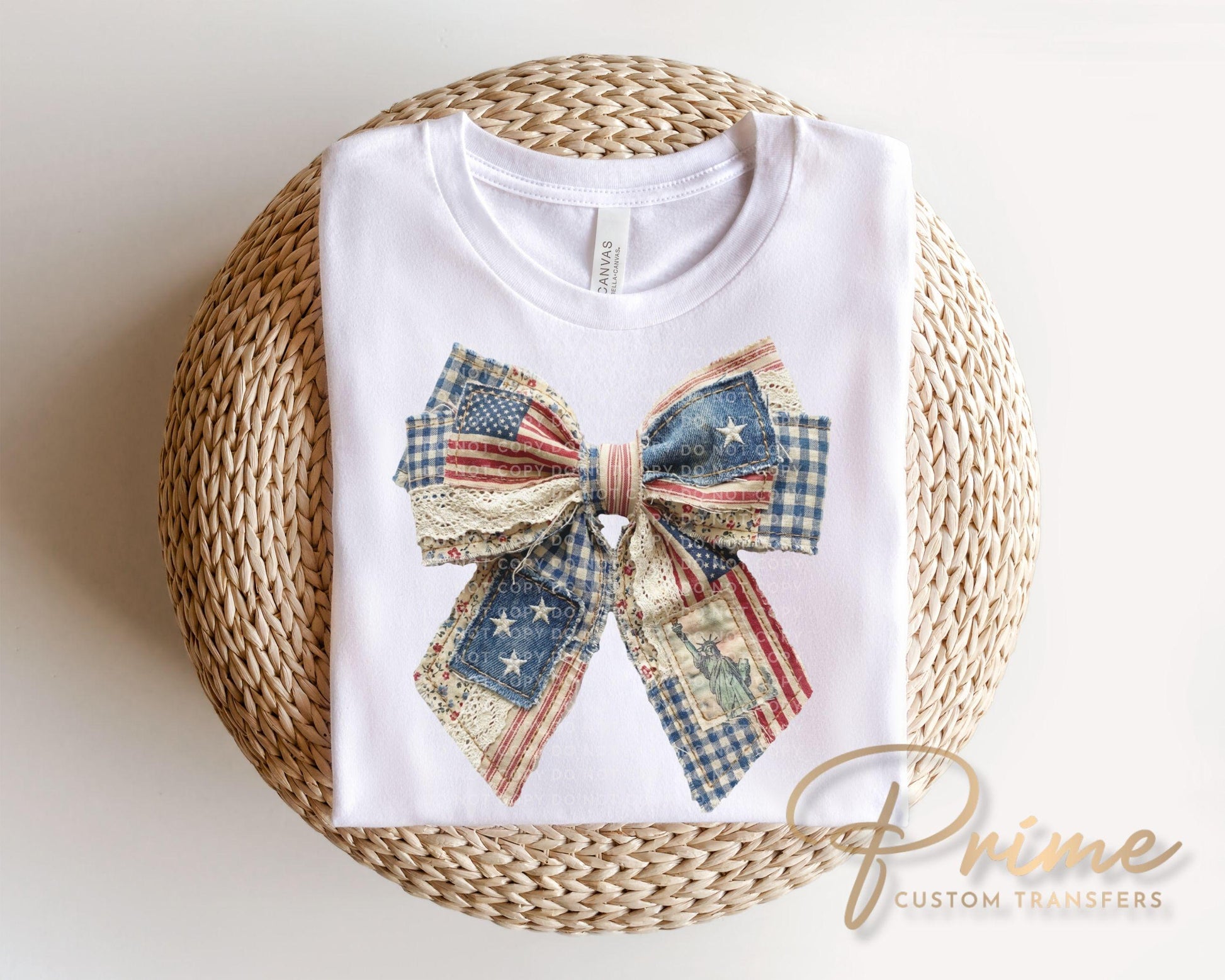 Patchwork 4th of July Bow DTF Transfer, Memorial Day, Coquette Patriotic Tshirt Design