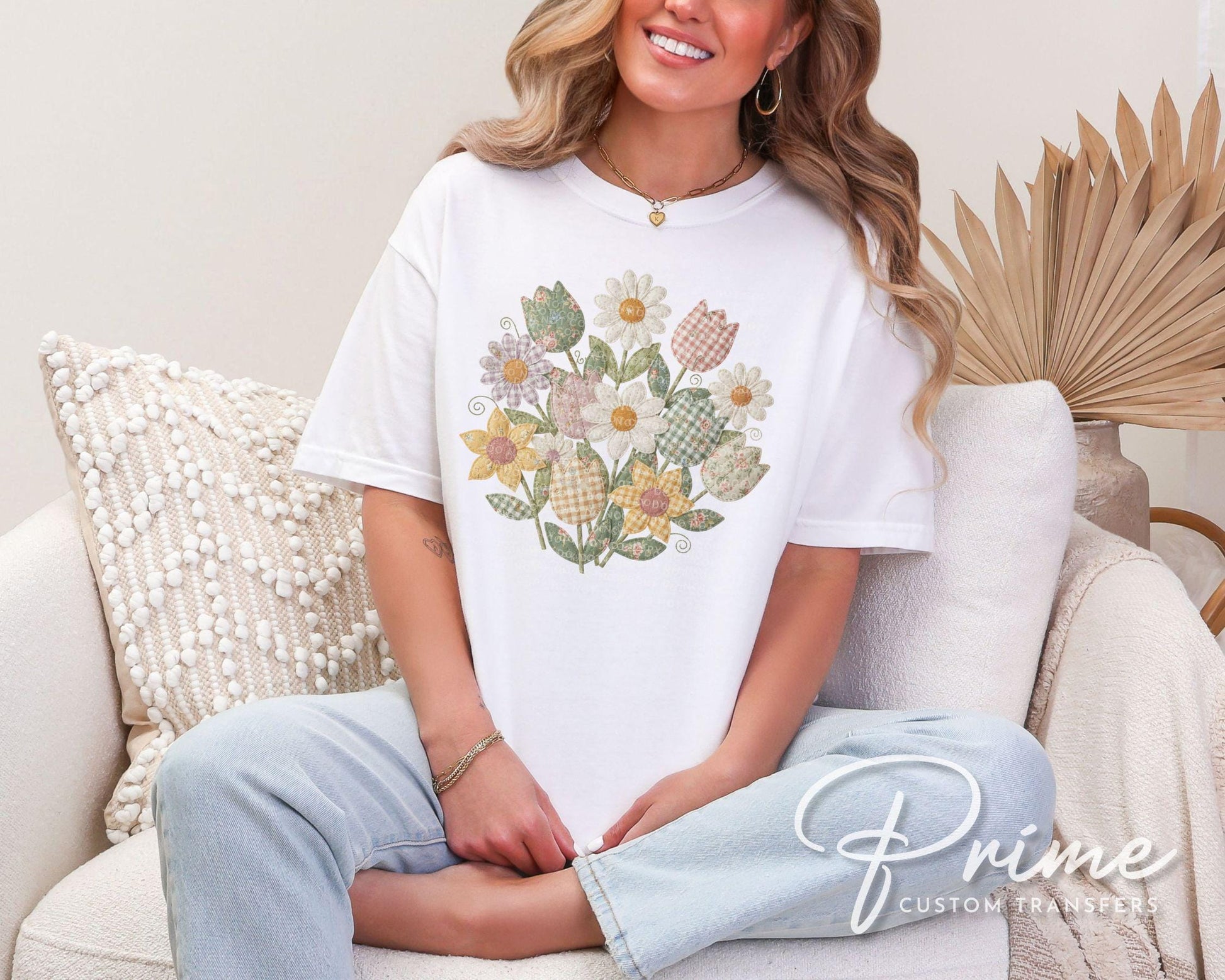 Faux Patchwork Quilted Flowers DTF Transfer, Ready to Press, Cottagecore Tshirt Design