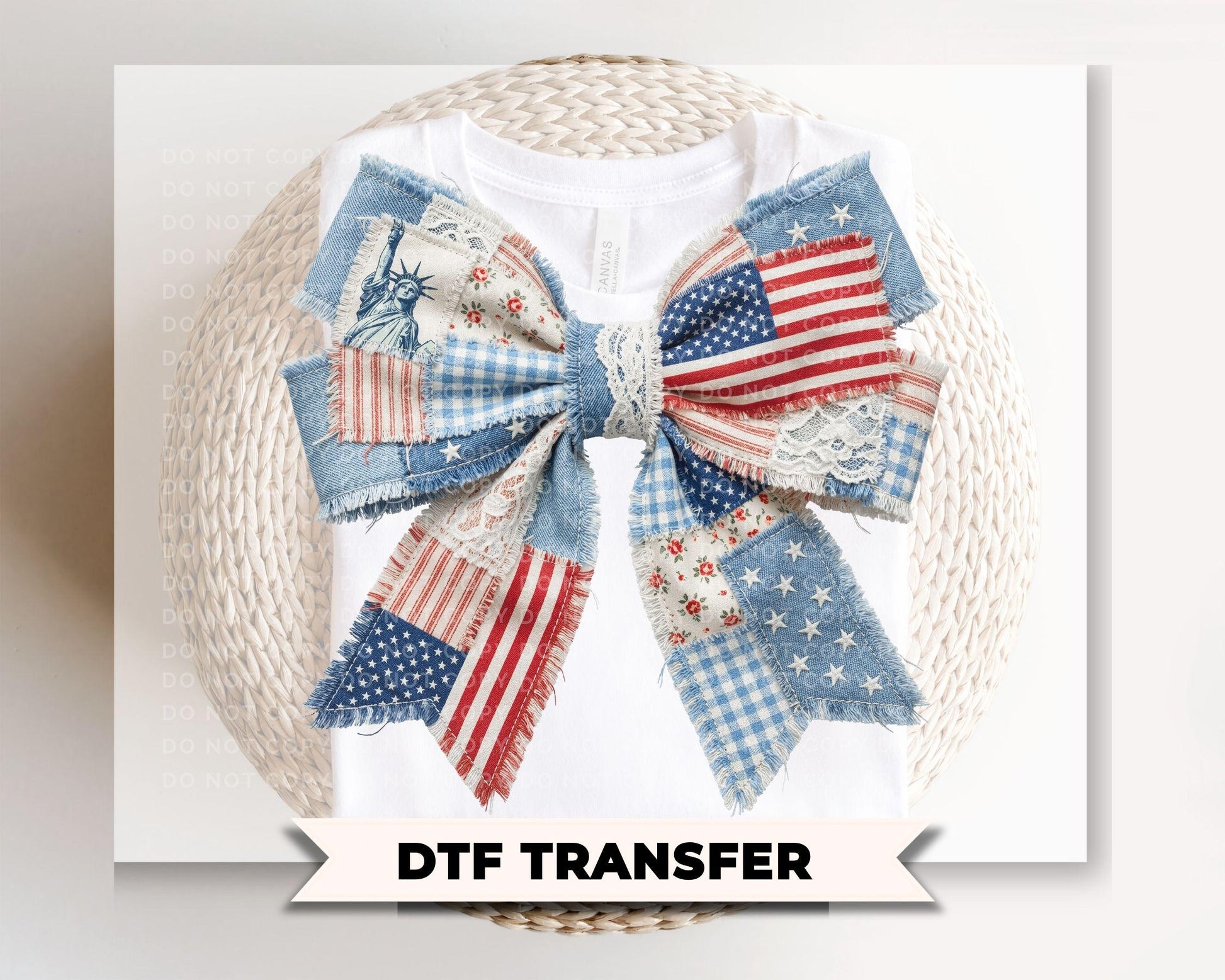 Patriotic Patchwork Bow DTF Transfer, Memorial Day, Coquette 4th of July Tshirt Design
