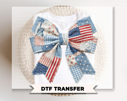 Patriotic Patchwork Bow DTF Transfer, Memorial Day, Coquette 4th of July Tshirt Design