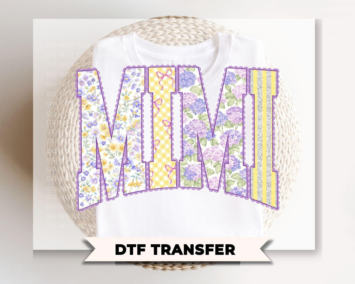 Spring Patchwork Mimi DTF Transfer, Ready to Press, Floral Mimi Tshirt Design