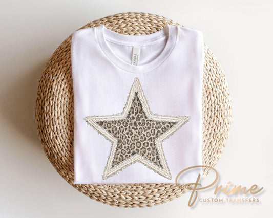 Preppy Leopard Star DTF Transfer, Ready to Press, Cheetah Star Tshirt Design, Faux Rag Quilt