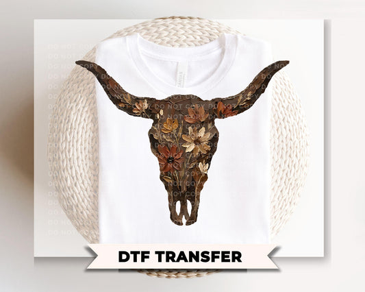 Brushstroke Floral Cow Skull DTF Transfer, Ready to Press, Western Cowgirl Tshirt Design