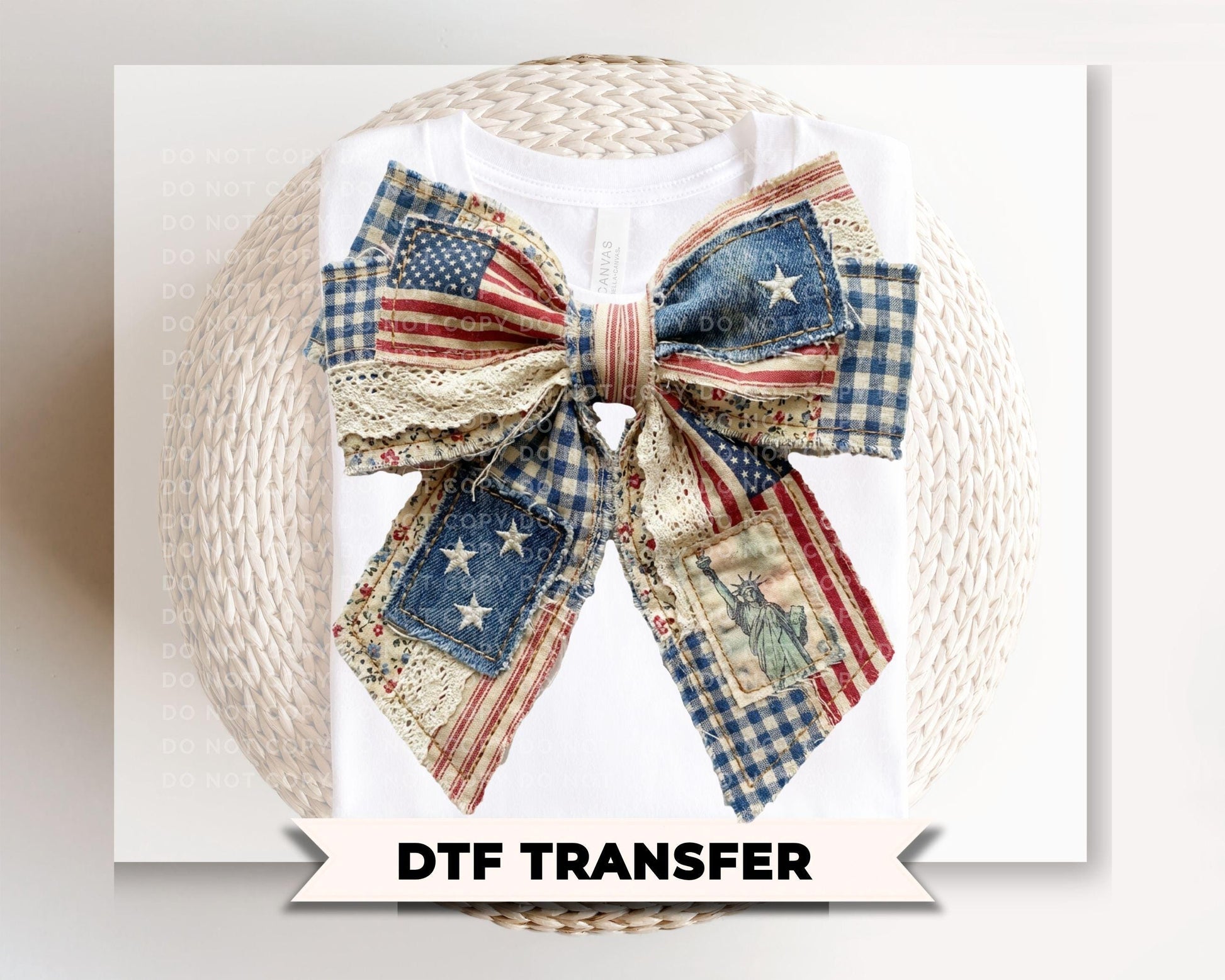 Patchwork 4th of July Bow DTF Transfer, Memorial Day, Coquette Patriotic Tshirt Design