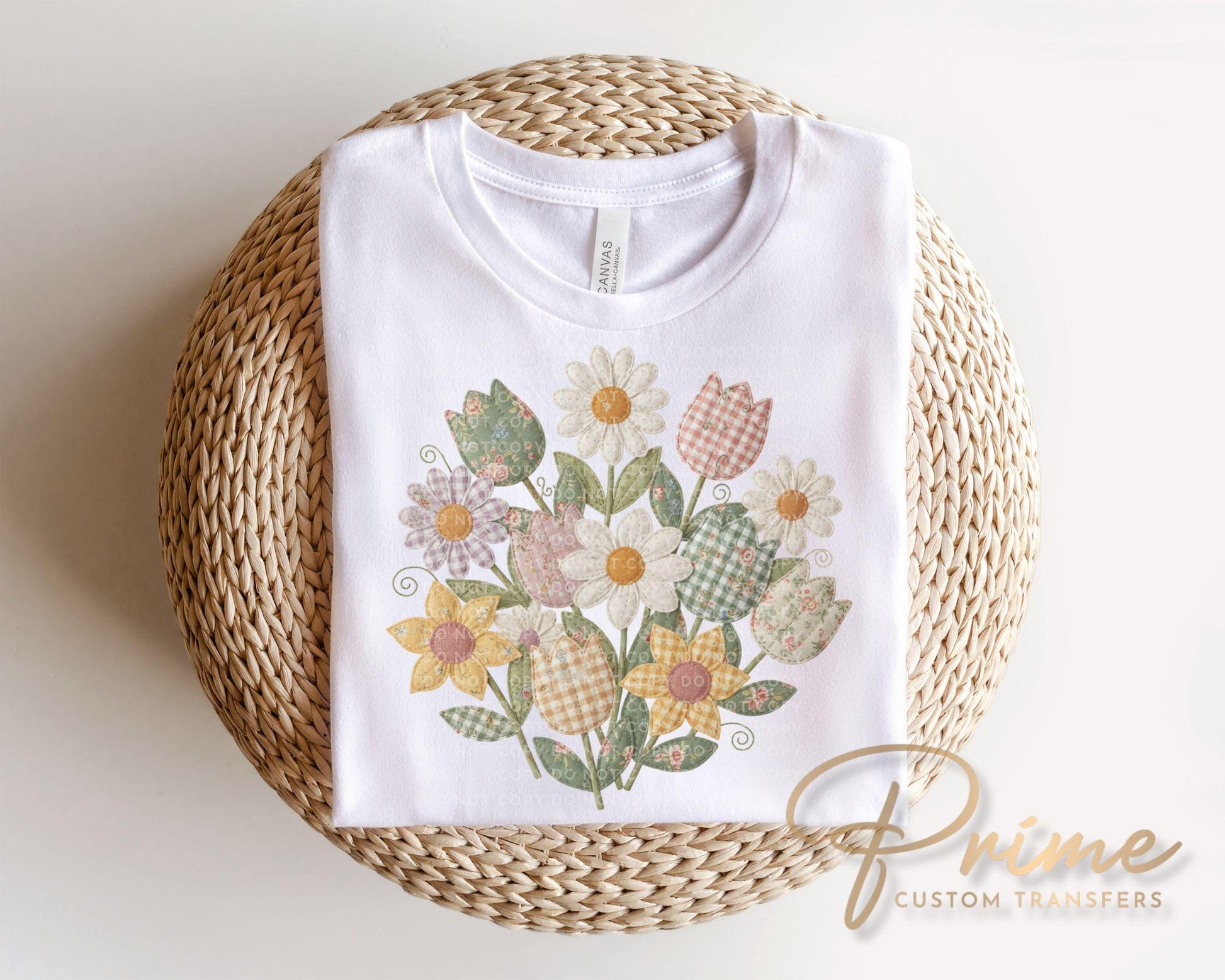 Faux Patchwork Quilted Flowers DTF Transfer, Ready to Press, Cottagecore Tshirt Design