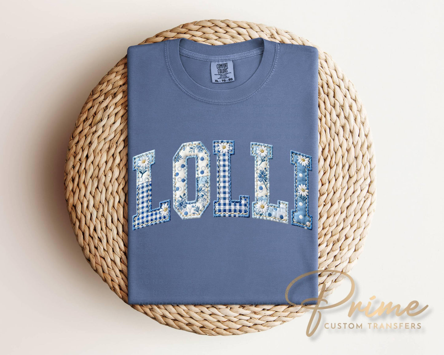 MeMe Blue Toile Patchwork DTF Transfer, Gift for Mother's Day, Grandmacore T-shirt Design