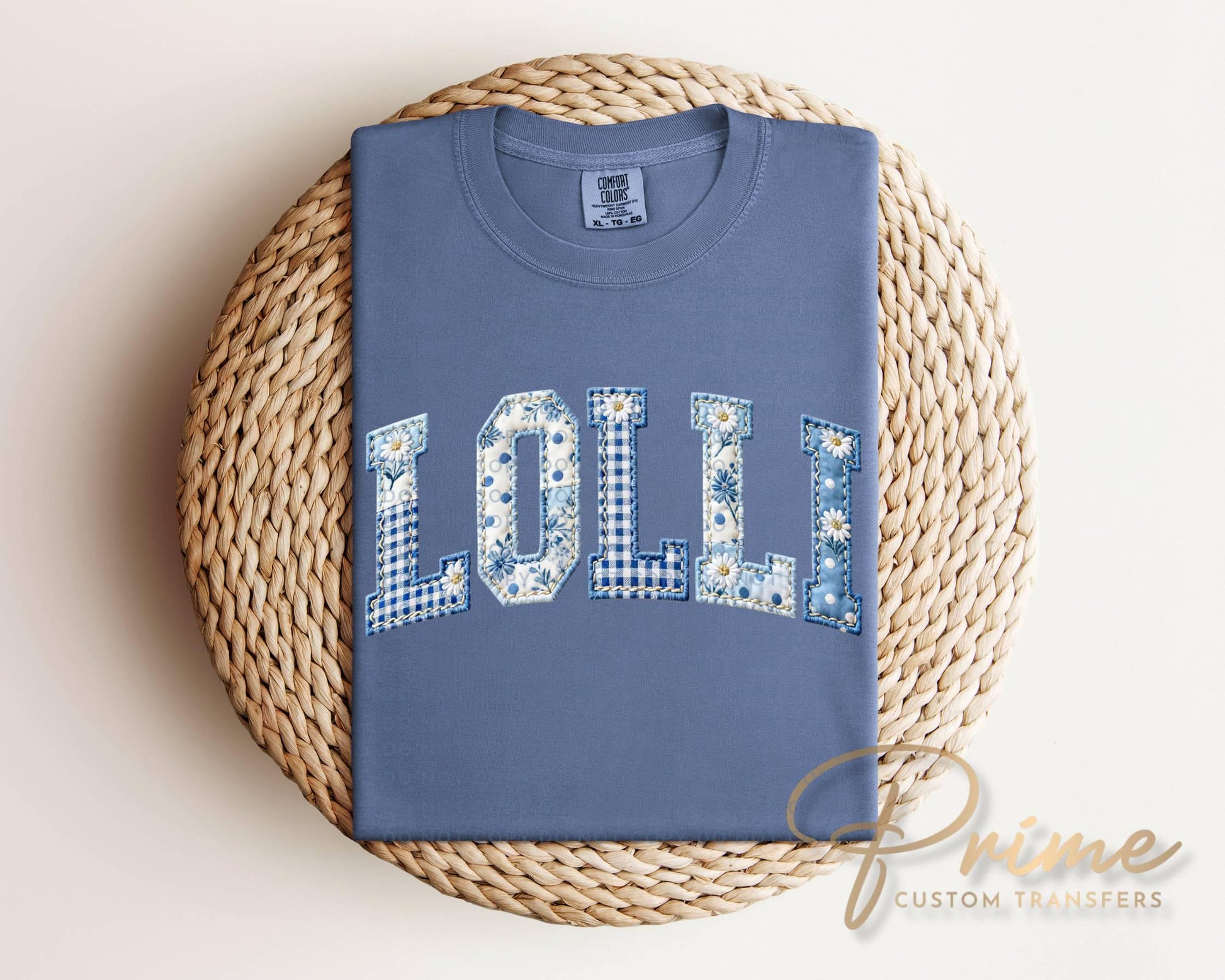 MeMe Blue Toile Patchwork DTF Transfer, Gift for Mother's Day, Grandmacore T-shirt Design