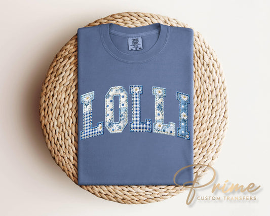 MeMe Blue Toile Patchwork DTF Transfer, Gift for Mother's Day, Grandmacore T-shirt Design