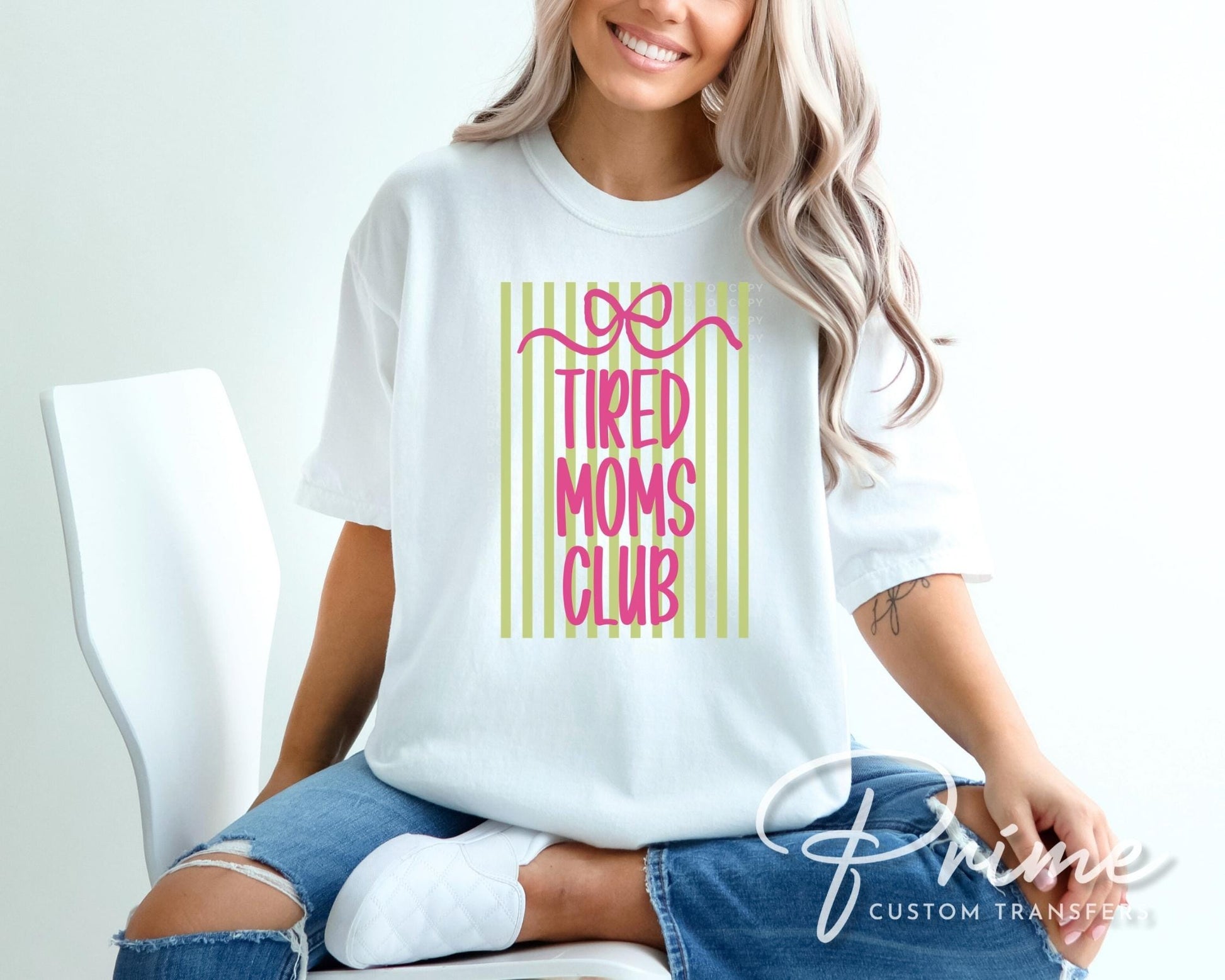 Coquette Tired Mom's Club DTF Transfer, Ready to Press, Striped Mother's Day Tshirt Design