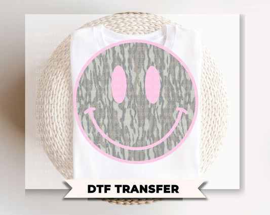Camo Smiley Face DTF Transfer, Ready to Press, Camouflage Tshirt Design