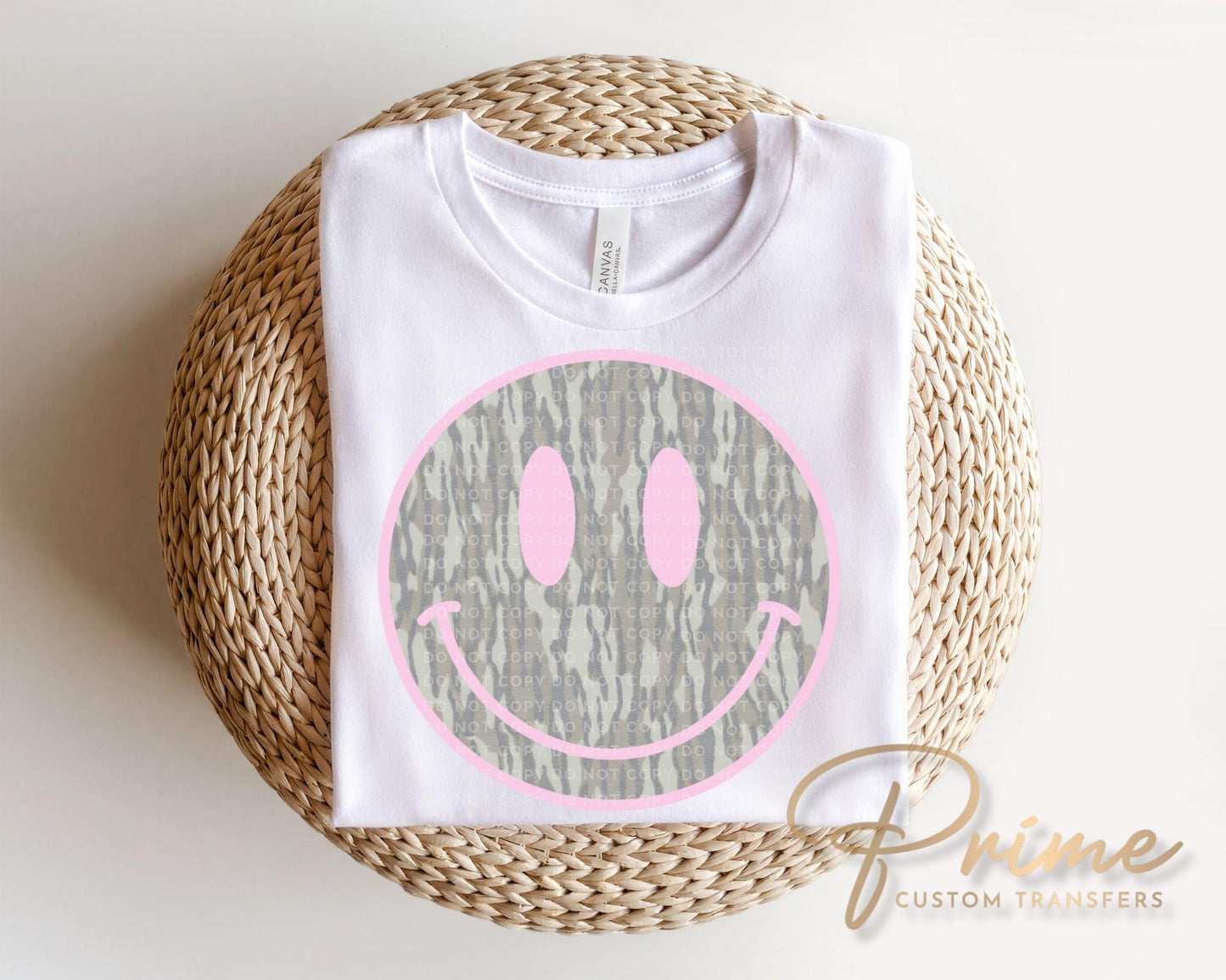 Camo Smiley Face DTF Transfer, Ready to Press, Camouflage Tshirt Design