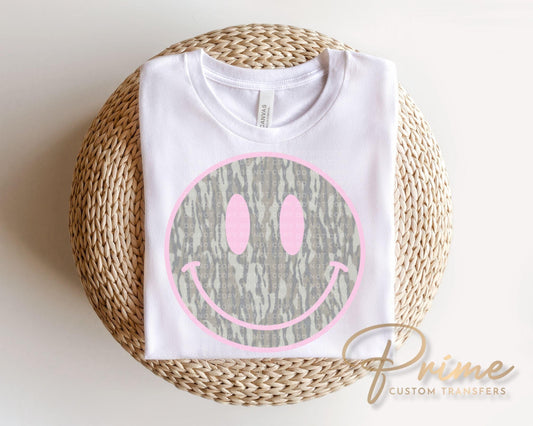 Camo Smiley Face DTF Transfer, Ready to Press, Camouflage Tshirt Design