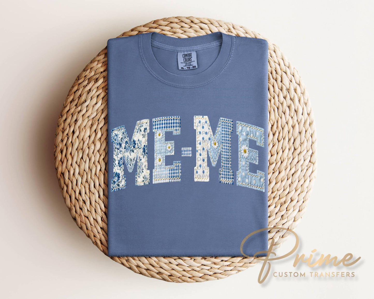 MeMe Blue Toile Patchwork DTF Transfer, Gift for Mother's Day, Grandmacore T-shirt Design