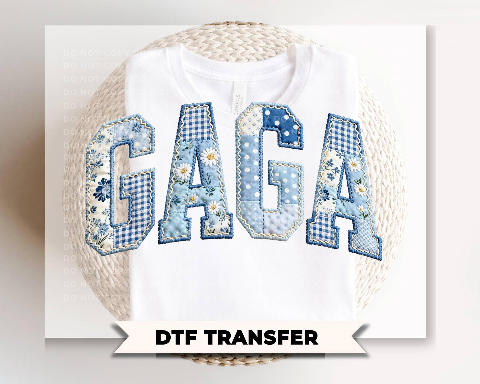 Gaga Blue Toile Patchwork DTF Transfer, Gift for Mother's Day, Grandmacore T-shirt Design