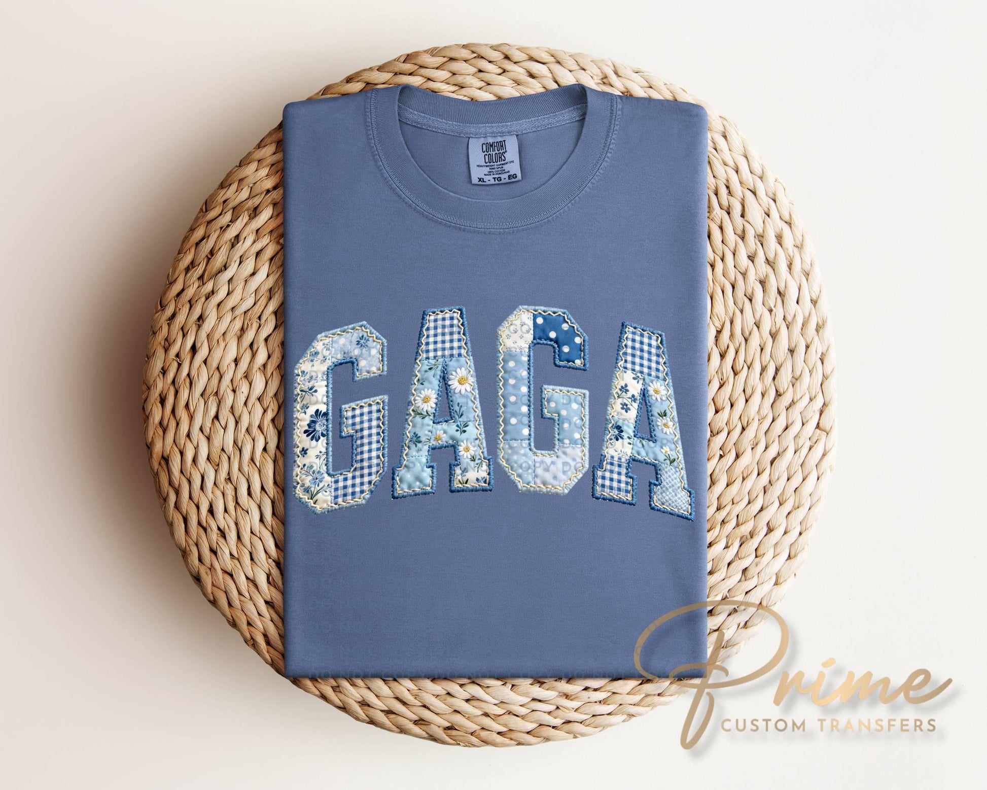 Gaga Blue Toile Patchwork DTF Transfer, Gift for Mother's Day, Grandmacore T-shirt Design