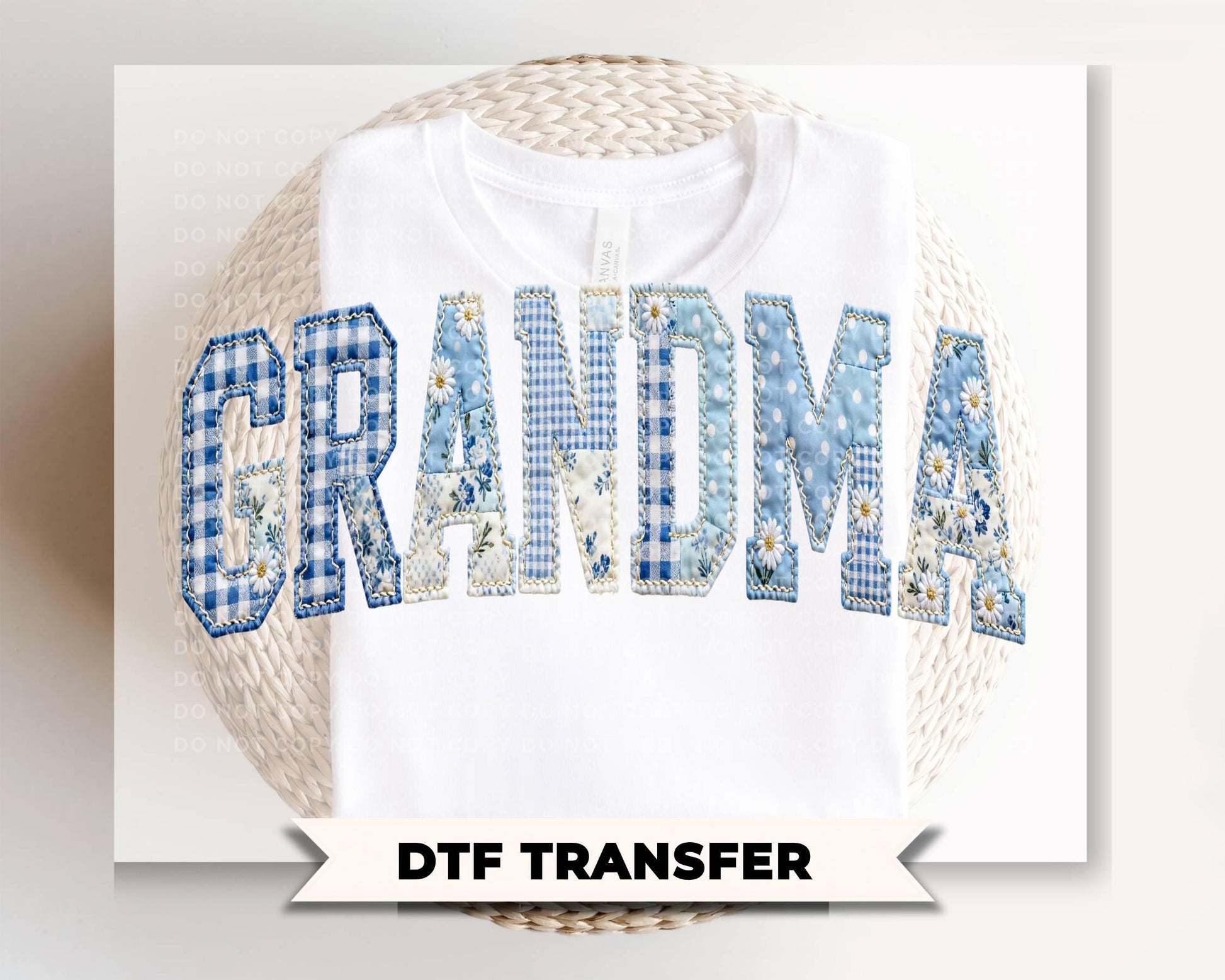 Grandma Blue Toile Patchwork DTF Transfer, Gift for Mother's Day, Grandmacore T-shirt Design