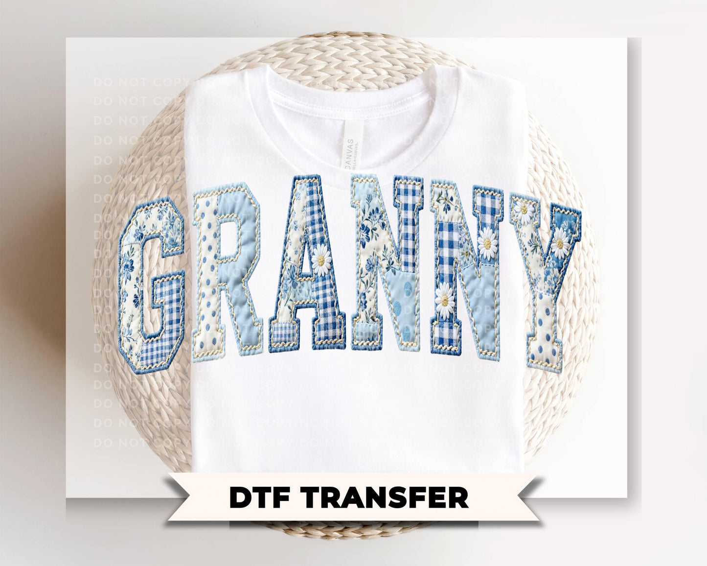 Granny Blue Toile Patchwork DTF Transfer, Gift for Mother's Day, Grandmacore T-shirt Design
