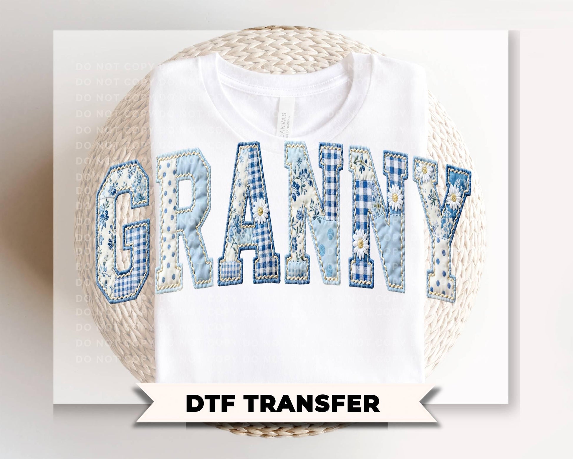 Granny Blue Toile Patchwork DTF Transfer, Gift for Mother's Day, Grandmacore T-shirt Design