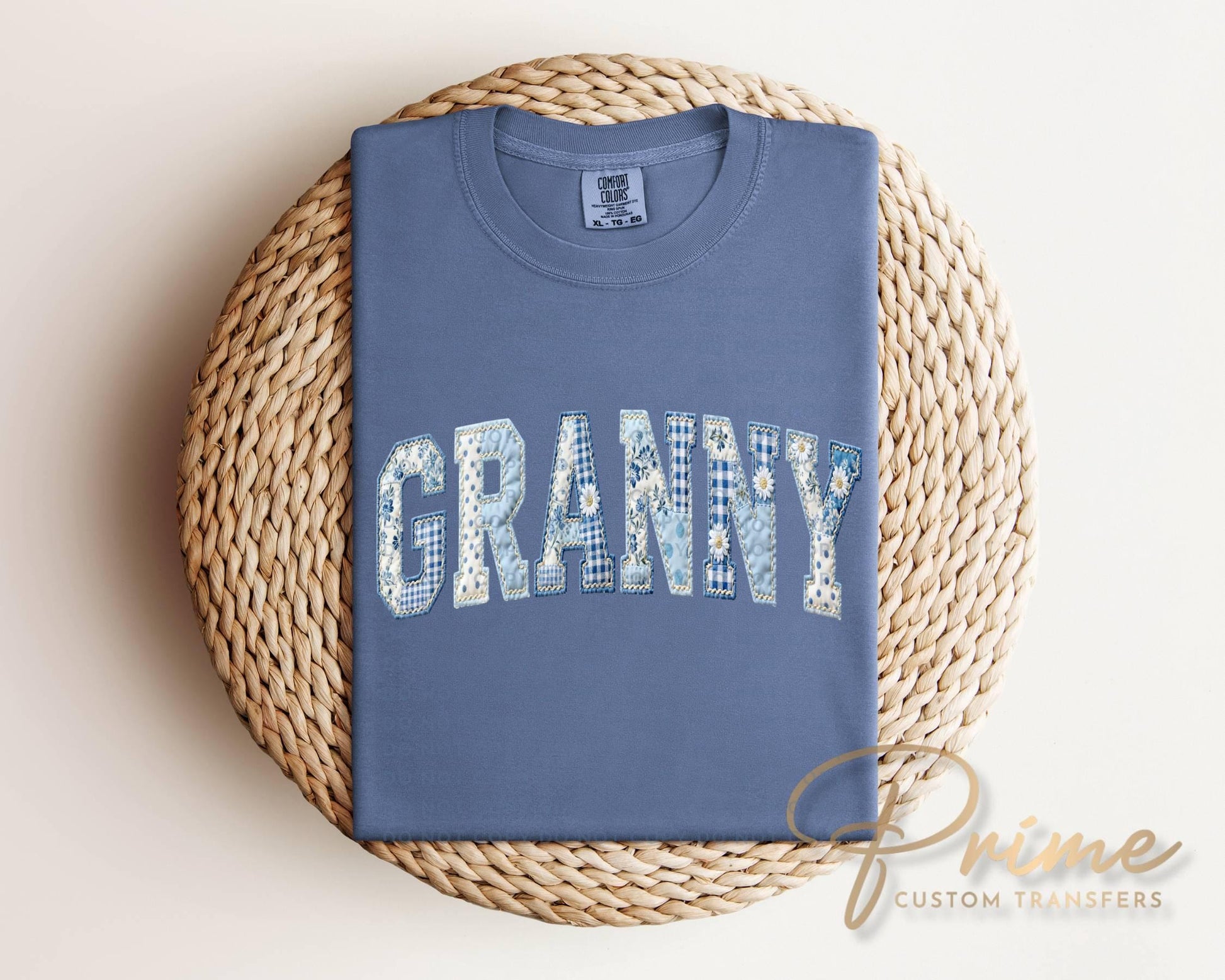 Granny Blue Toile Patchwork DTF Transfer, Gift for Mother's Day, Grandmacore T-shirt Design