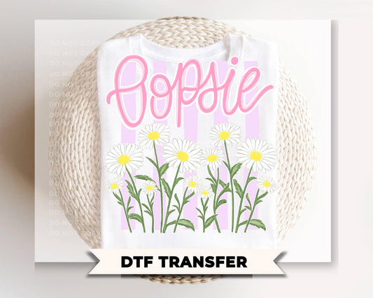 Oopsie Daisy DTF Transfer, Ready to Press, Girly Floral Stripes Trendy T-shirt Design