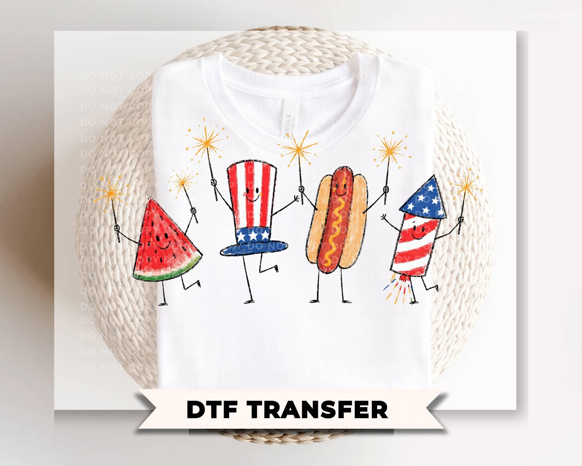 Patriotic Doodle DTF Transfer, Watermelon Hotdog Firework, 4th of July Tshirt Design