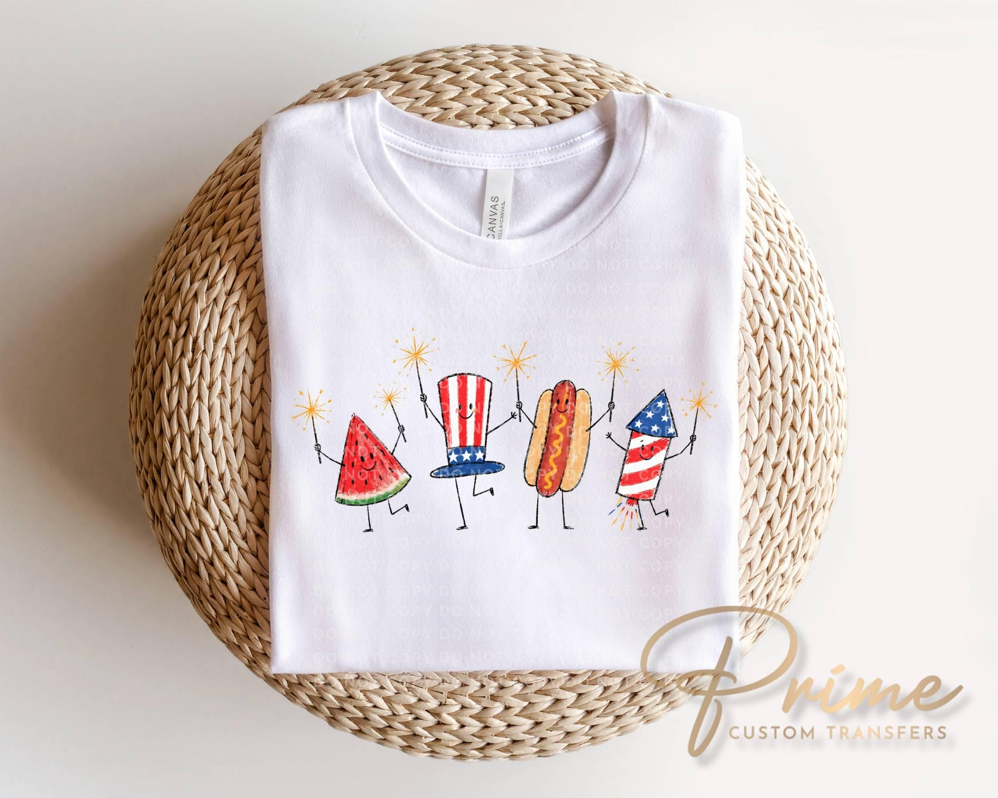 Patriotic Doodle DTF Transfer, Watermelon Hotdog Firework, 4th of July Tshirt Design