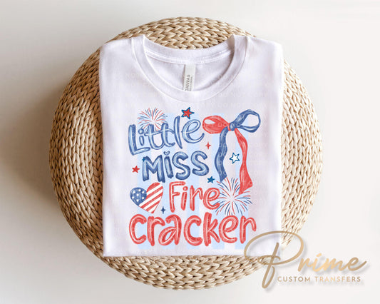 Little Miss Firecracker DTF Transfer, Ready to Press, 4th of July Kids Tshirt Design