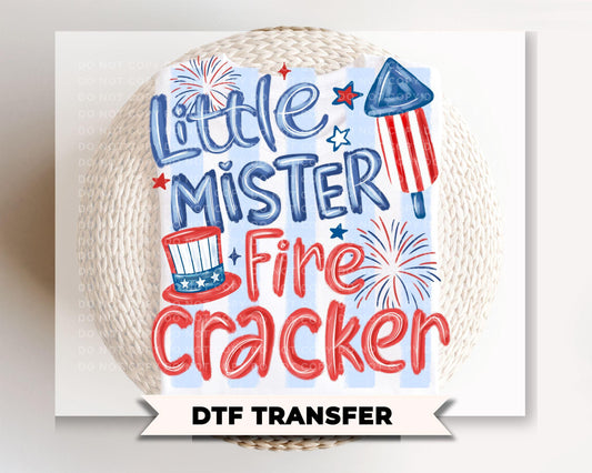 Little Mister Firecracker DTF Transfer, Ready to Press, Boys 4th of July Tshirt Design