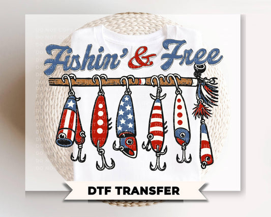 Fishin and Free DTF Transfer, Ready to Press, 4th of July Boy Tshirt Design