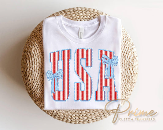 Seersucker Stripes USA with Bows DTF Transfer, 250 Anniversary, 4th of July Tshirt Design