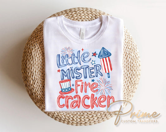 Little Mister Firecracker DTF Transfer, Ready to Press, Boys 4th of July Tshirt Design