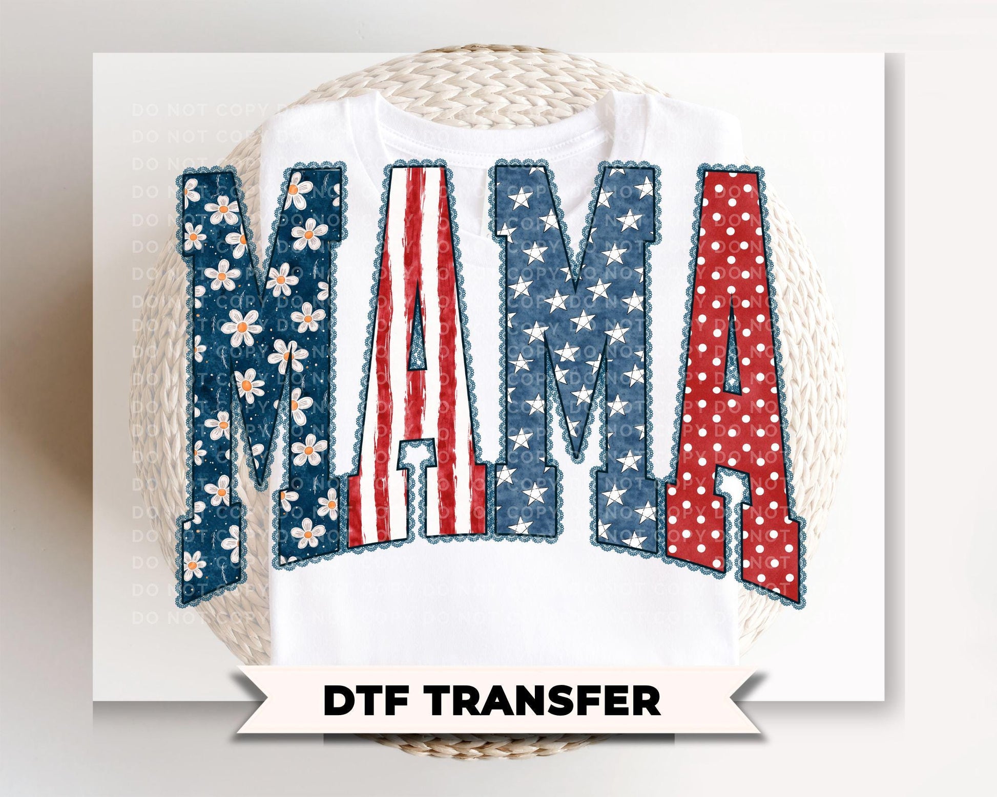 Preppy Patriotic Mama DTF Transfer, Ready to Press, Coquette 4th of July Tshirt Design