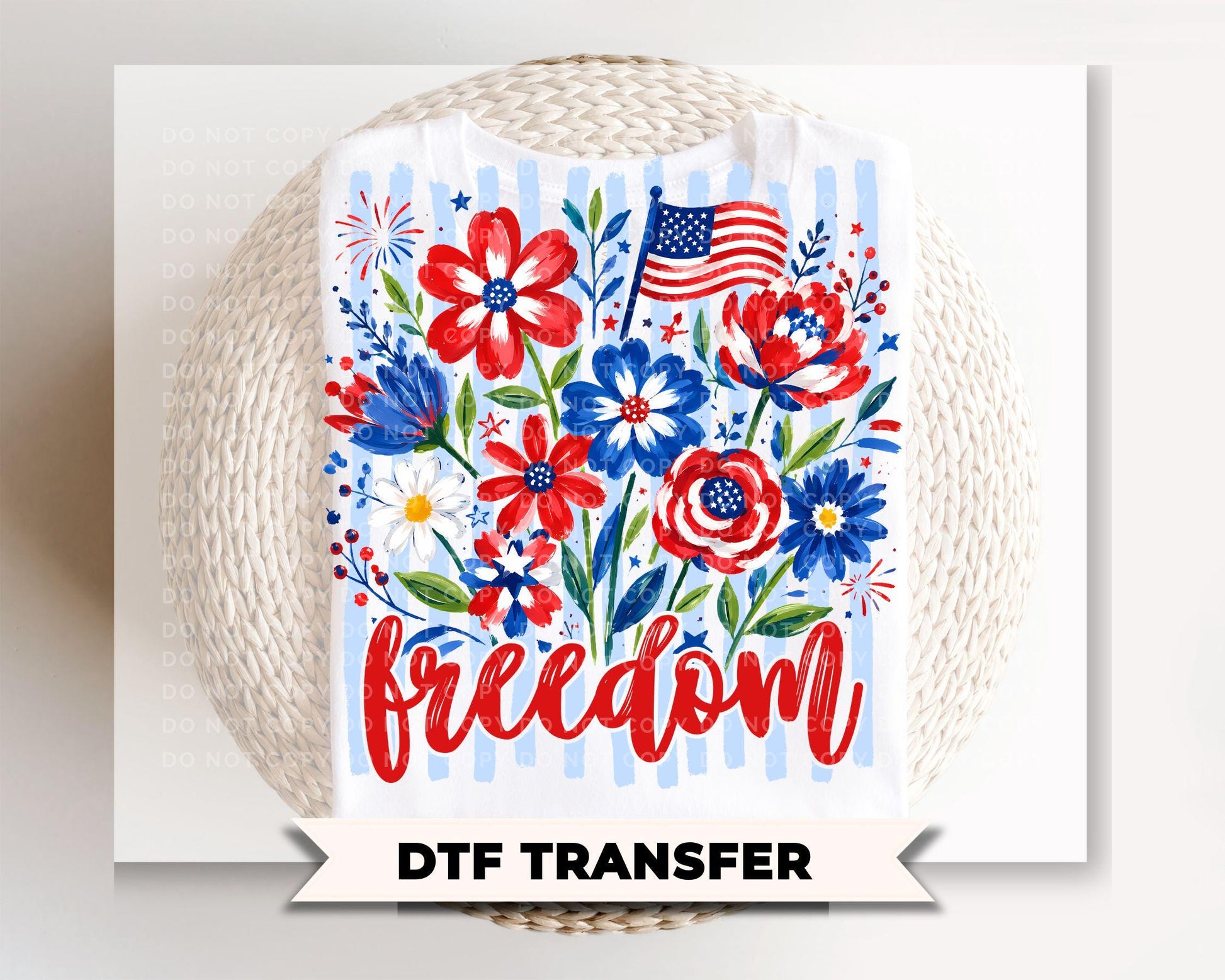 Striped Wildflower Freedom DTF Transfer, Ready to Press, 4th of July Tshirt Design
